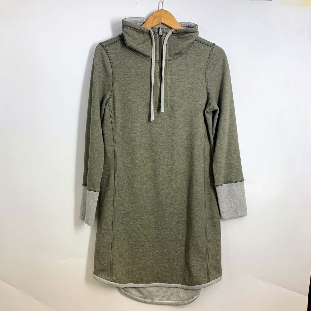 Tommy Bahama Olive Green Funnel Neck Sweatshirt Dress with Light Gray Trim